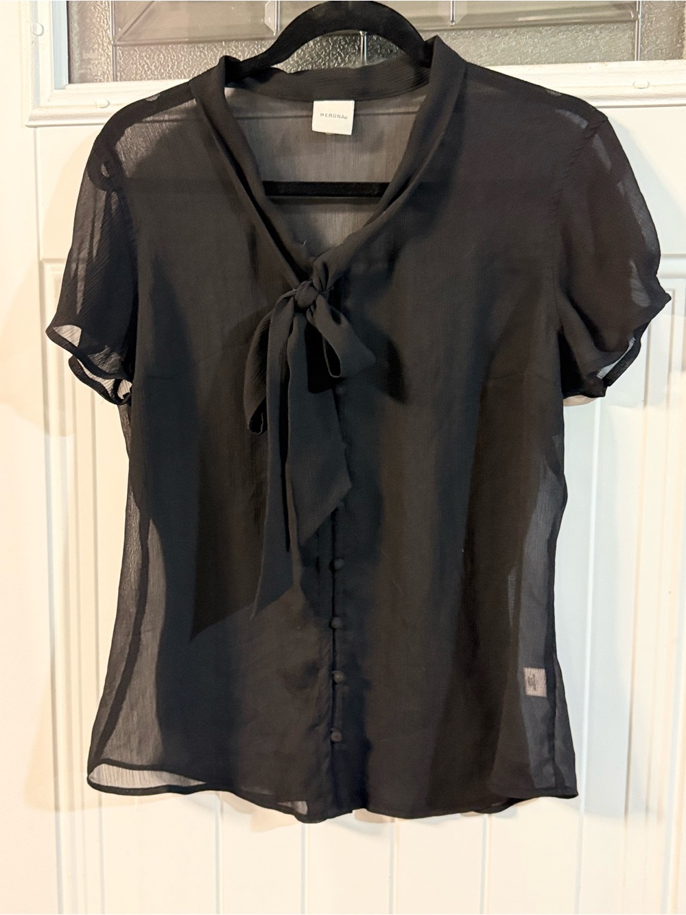 Sheer Black Bow-Tie Short Sleeve Blouse - Picture 2 of 5